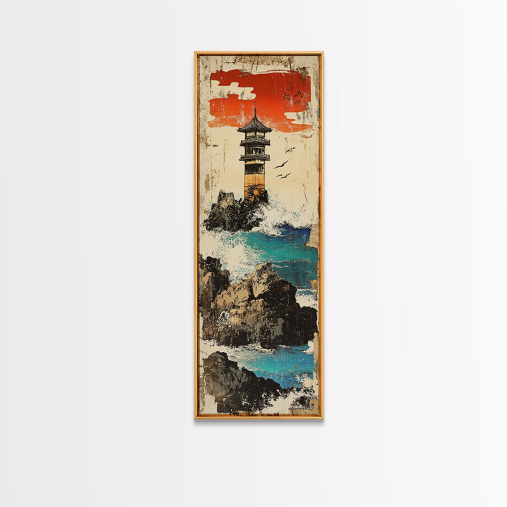 Cliffside Lighthouse Turquoise Sea Wall Art, Japanese Coastal Landscape Print For Beach House Decor And Nautical Office Decor