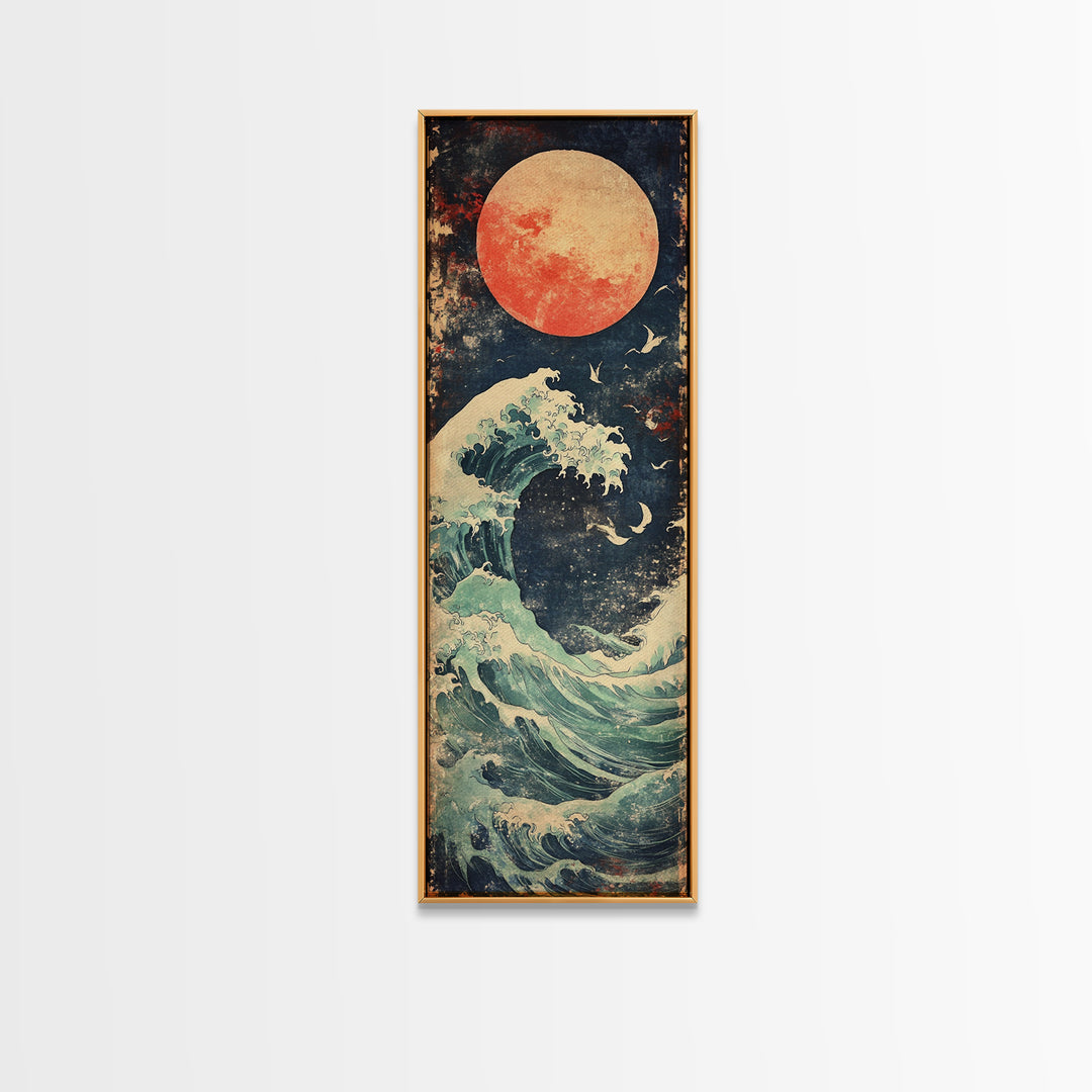 Full Moon Ocean Wave With Birds Framed Canvas Print, Japanese Coastal Wall Art For Beach House Decor And Moody Bedroom Decor
