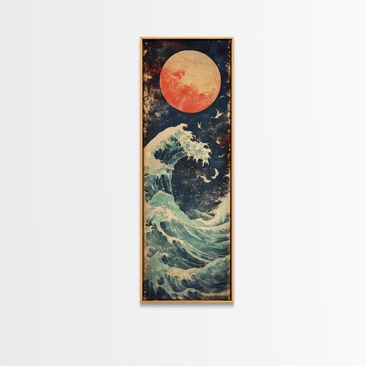 Full Moon Ocean Wave With Birds Framed Canvas Print, Japanese Coastal Wall Art For Beach House Decor And Moody Bedroom Decor