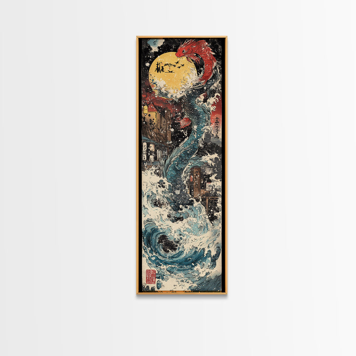 Red Dragon Moon And Crashing Waves Wall Art, Japanese Fantasy Sea Monster Canvas Print, Ukiyo E Ocean Decor Gift For Living Room