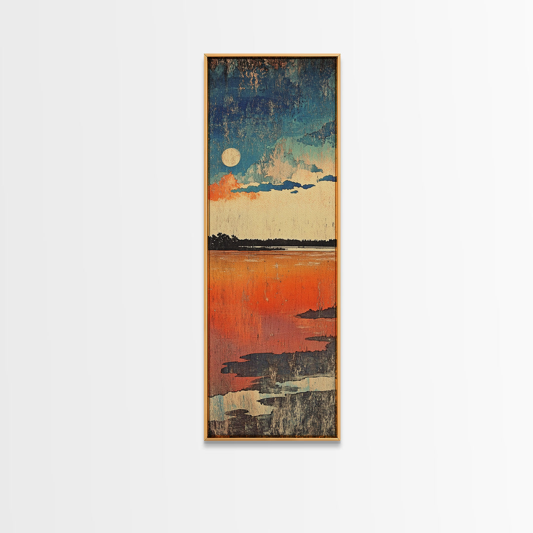 Full Moon Over Orange Lake Wall Art, Moody Abstract Landscape Canvas Print, Minimalist Nature Decor For Bedroom Living Room