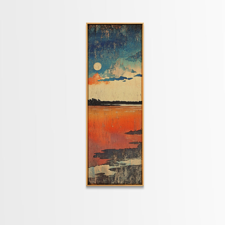 Full Moon Over Orange Lake Wall Art, Moody Abstract Landscape Canvas Print, Minimalist Nature Decor For Bedroom Living Room