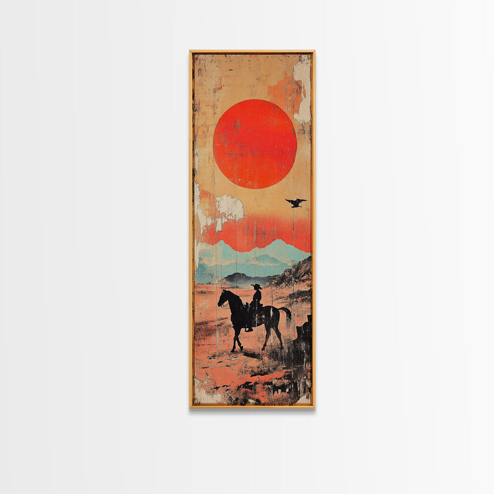 Horse Rider Under Red Sun Wall Art, Western Desert Landscape Canvas Print, Japanese Inspired Southwestern Living Room Home Decor