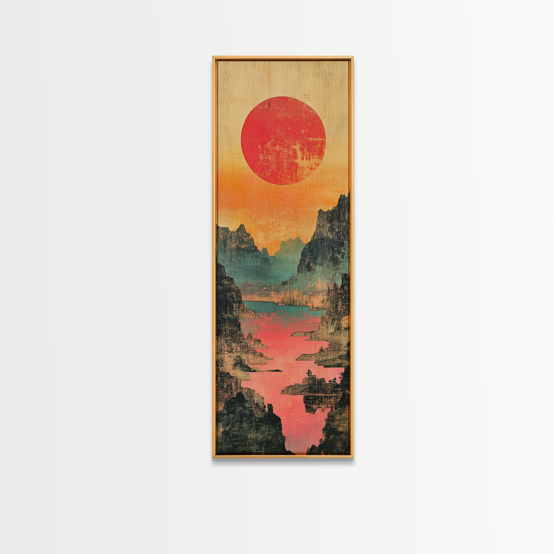 Red Sun Mountain River Valley Wall Art, Japanese Inspired Landscape Canvas Print, Teal Coral Nature Decor For Living Room