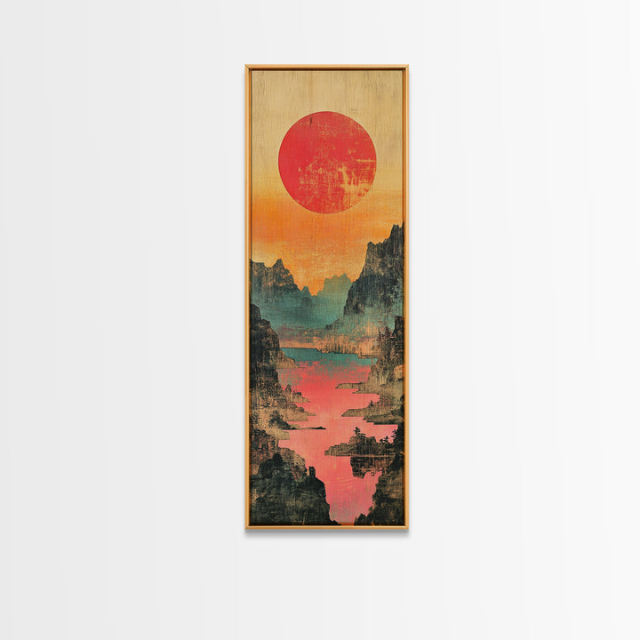Red Sun Mountain River Valley Wall Art, Japanese Inspired Landscape Canvas Print, Teal Coral Nature Decor For Living Room