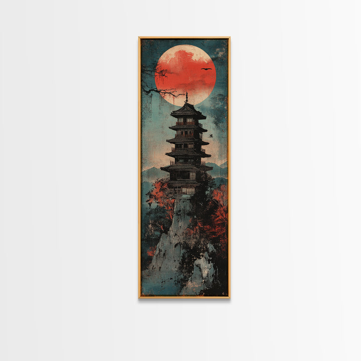 Red Sun Pagoda On Misty Mountain Wall Art, Japanese Landscape Canvas Print, Japandi Zen Decor, Asian Home Decor Gift For Living Room