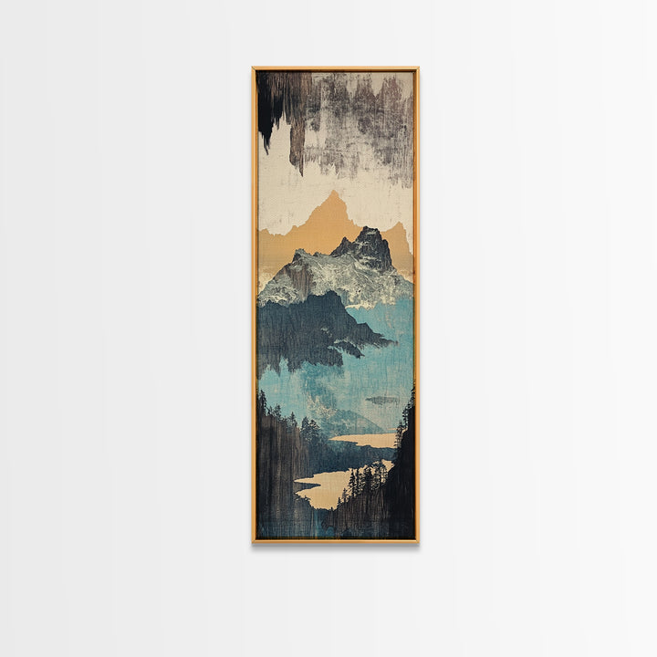 Misty Mountain Lake And Pines Wall Art, Japanese Landscape Canvas Print, Neutral Nature Decor, Large Vertical Art For Cabin