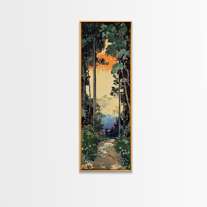 Sunlit Forest Path To Blue Water Wall Art, Japanese Nature Canvas Print, Green Woodland Decor, Calming Landscape Gift Idea