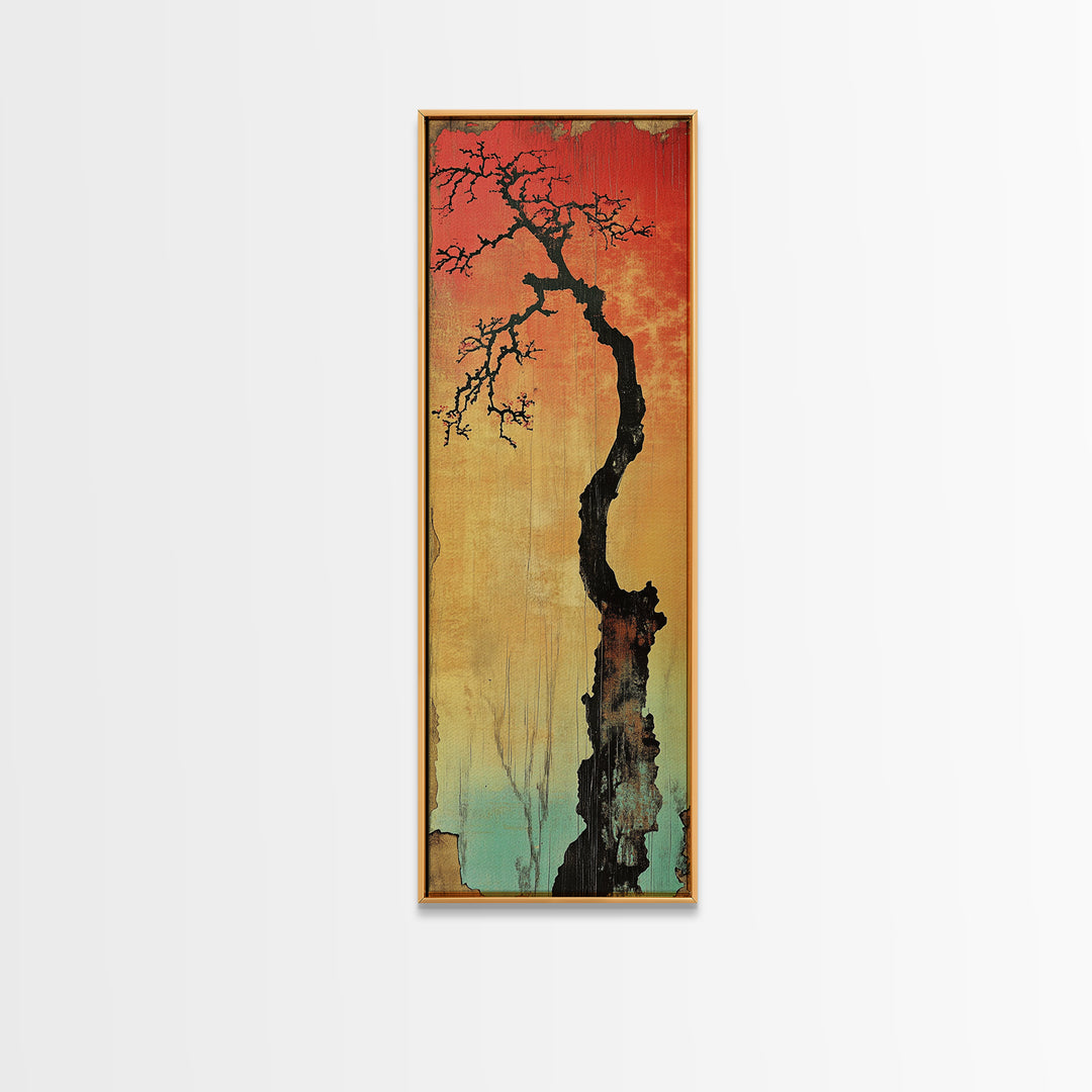 Lone Twisted Tree At Red Sunset Wall Art, Japanese Landscape Canvas Print, Moody Nature Decor, Minimalist Rustic Art For Cabin