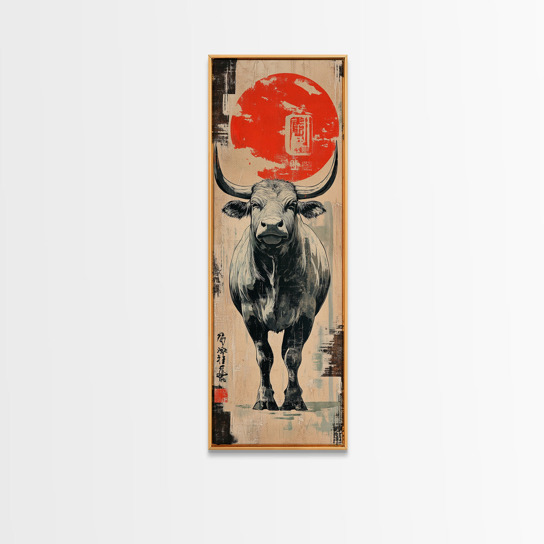 White Bull Beneath Rising Red Sun Wall Art, Japanese Animal Canvas Print, Rustic Farmhouse Decor, Bold Western Gift For Him