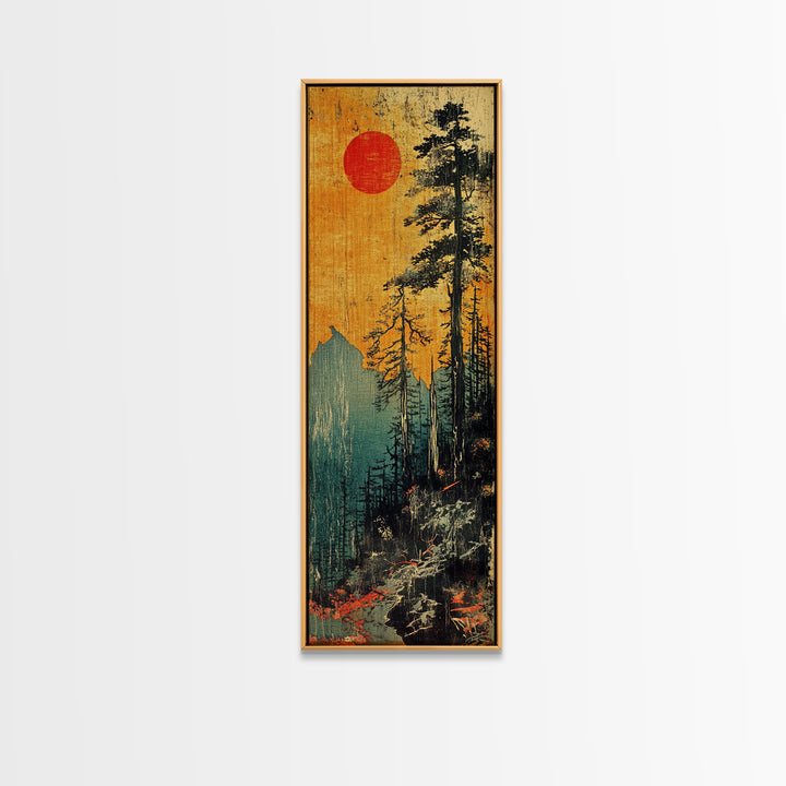 Tall Pines And Red Sun Mountain Wall Art, Japanese Forest Canvas Print, Rustic Cabin Decor, Nature Lover Gift For Home Decor