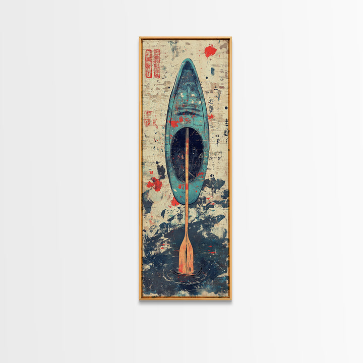 Blue Kayak Paddle On Ocean Waves Wall Art, Japanese Coastal Canvas Print, Nautical Decor, Beach House Decor Gift For Her