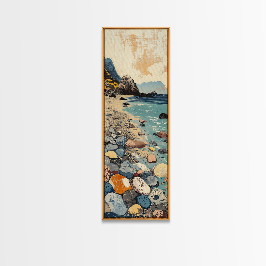 Rocky Pebble Beach Canvas Print, Coastal Cove Landscape Art, Ocean Wall Decor, Nautical Home Decor, Seaside Travel Poster