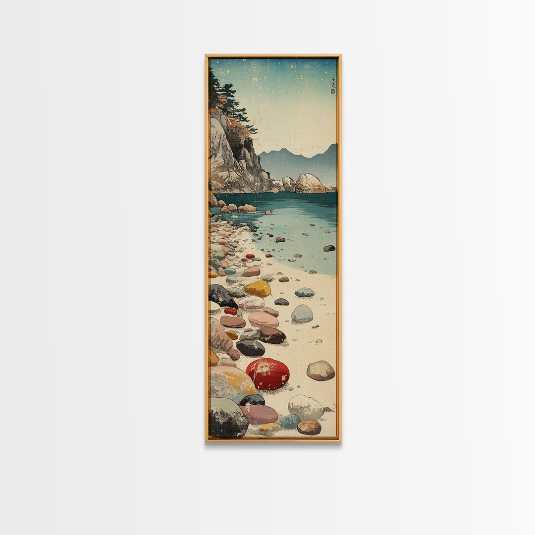 Turquoise Pebble Beach Wall Art, Coastal Mountain Cove Print, Ocean Landscape Decor, Nautical Canvas Print, Beach House Gift