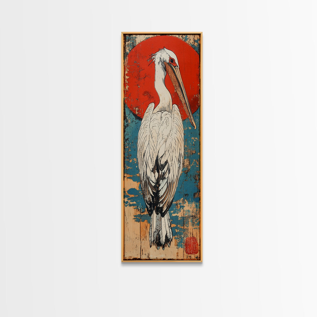 White Pelican Wall Art, Japanese Red Sun Bird Print, Coastal Wildlife Art, Asian Inspired Decor, Nautical Framed Canvas Print