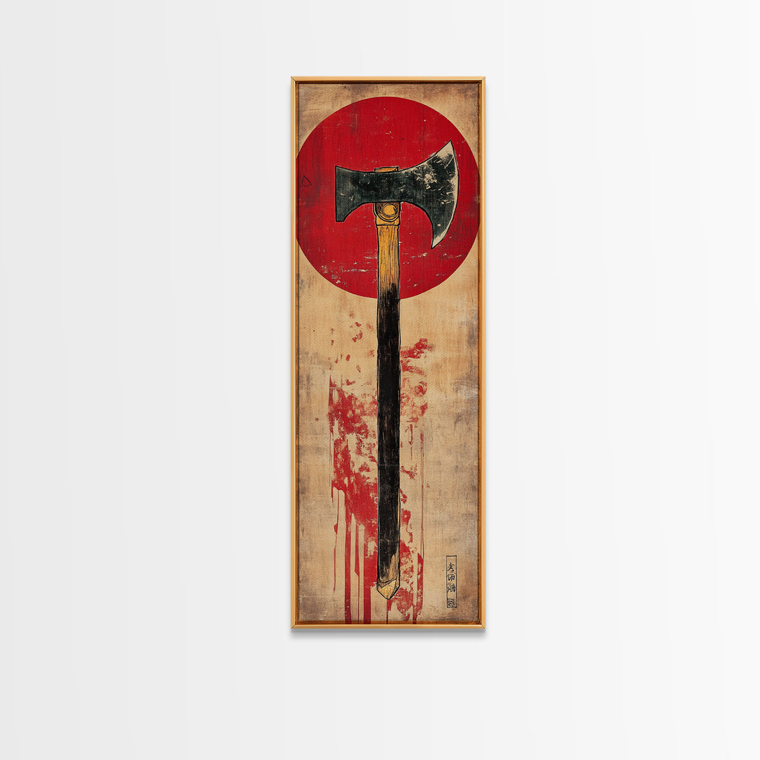 Rustic Axe Wall Art, Japanese Red Sun Tool Print, Samurai Inspired Decor, Masculine Office Decor, Framed Canvas Print, Gift For Him