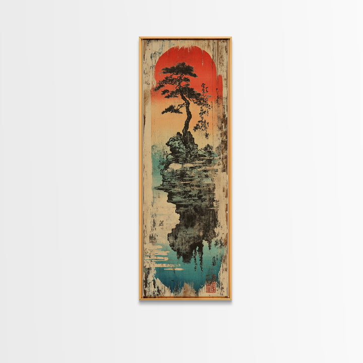 Japanese Bonsai Island Wall Art, Red Sun Zen Landscape Print, Japandi Wall Decor, Asian Inspired Canvas Print, Tranquil Decor