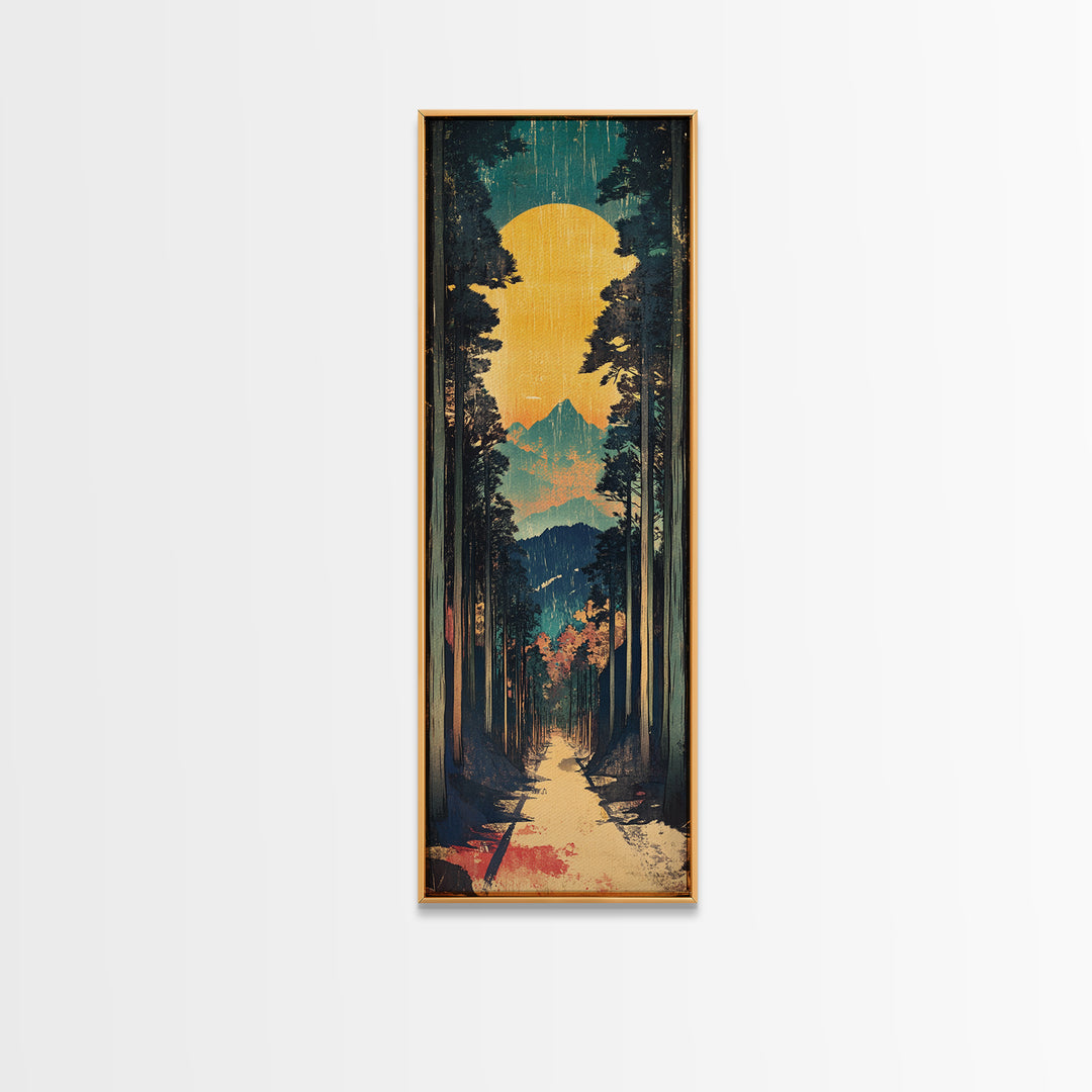 Sunlit Forest Path And Mountain View Framed Canvas Print, Japanese Wall Art, Japandi Nature Decor, Tall Narrow Landscape
