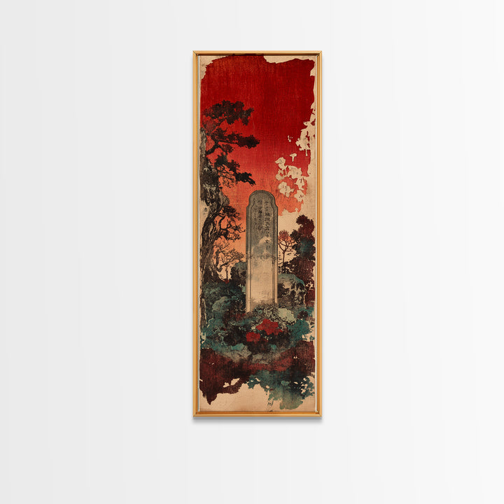 Ancient Stone Grave Under Crimson Sky Canvas Print, Gothic Japanese Wall Art, Dark Academia Decor, Moody Cemetery Artwork