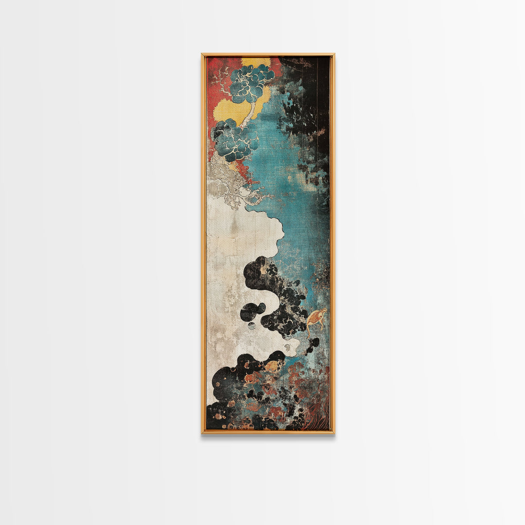 Turquoise Cloudscape With Red Moon Wall Art, Abstract Japanese Canvas Print, Moody Coastal Decor, Teal Black Statement Art