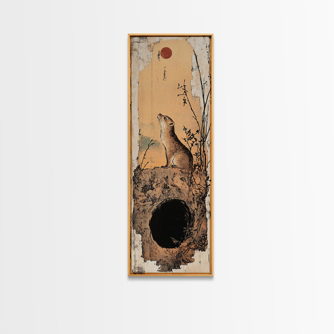 Prairie Dog At Burrow Under Red Moon Canvas Print, Whimsical Animal Wall Art, Japanese Nature Decor, Nursery Art Print, Kids Room Decor