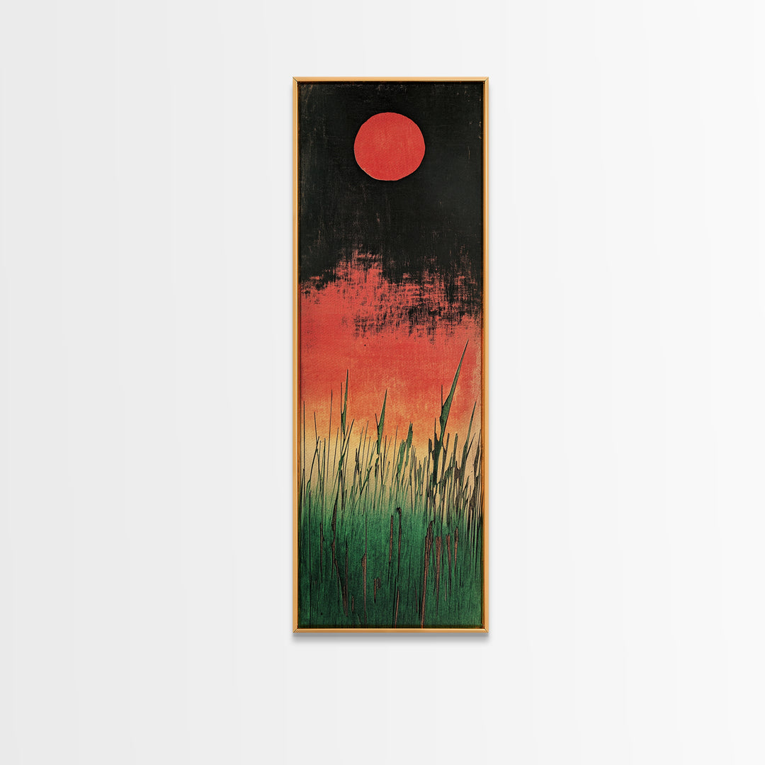 Red Sun Marsh Grass Canvas Print, Japanese Inspired Landscape, Moody Black And Green Wall Decor, Modern Nature Wall Art Print