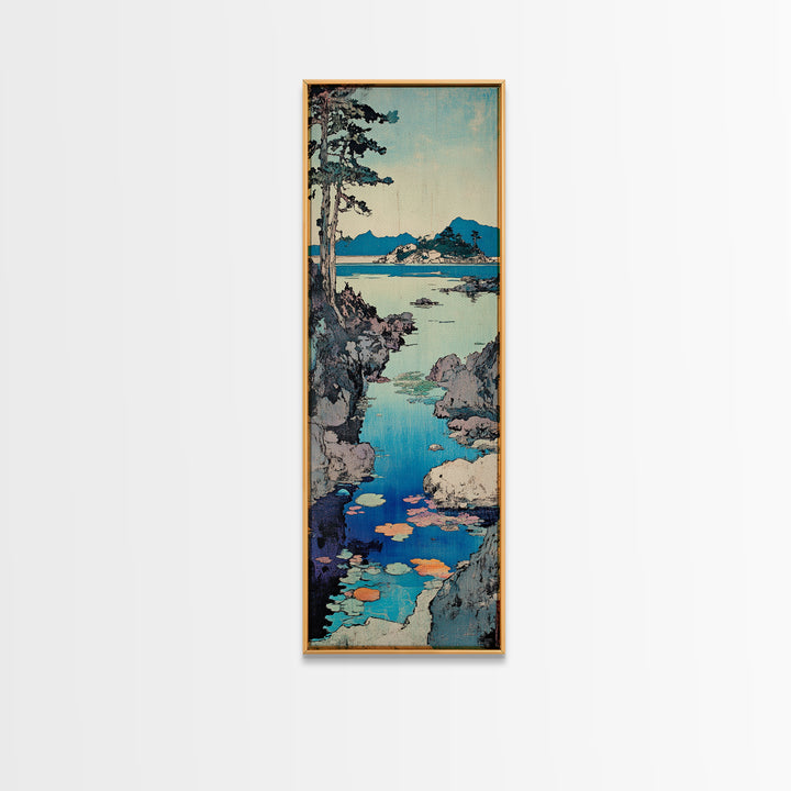 Rocky Coastal Cove Framed Canvas Print, Japanese Landscape Wall Art, Blue Ocean Decor, Serene Living Room Nature Art Print