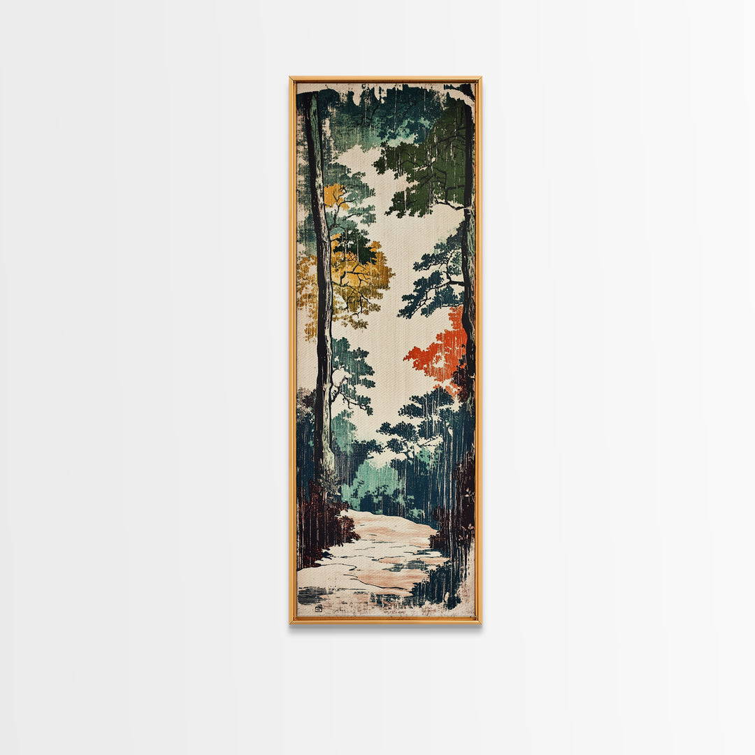 Autumn Forest Path Wall Art, Japanese Woodland Landscape Canvas, Rustic Cabin Decor, Nature Art Print For Living Room Decor