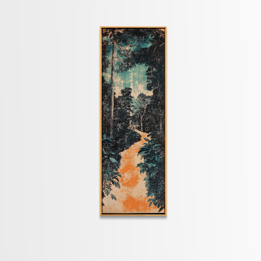 Teal Jungle Path At Dawn Wall Art, Japanese Landscape Print, Nature Wall Decor, Long Vertical Art, Moody Living Room Decor