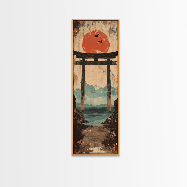 Red Sun Torii Gate Over Sea Framed Canvas Print, Japanese Wall Art, Coastal Landscape, Zen Home Decor, Entryway Wall Decor