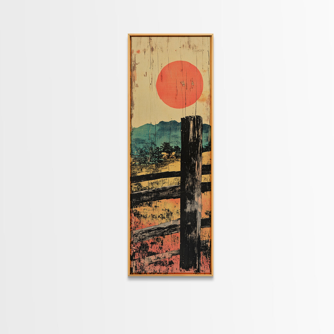 Rustic Fence And Red Sun Canvas Print, Japanese Countryside Landscape Wall Art, Japandi Decor, Earth Tone Living Room Art