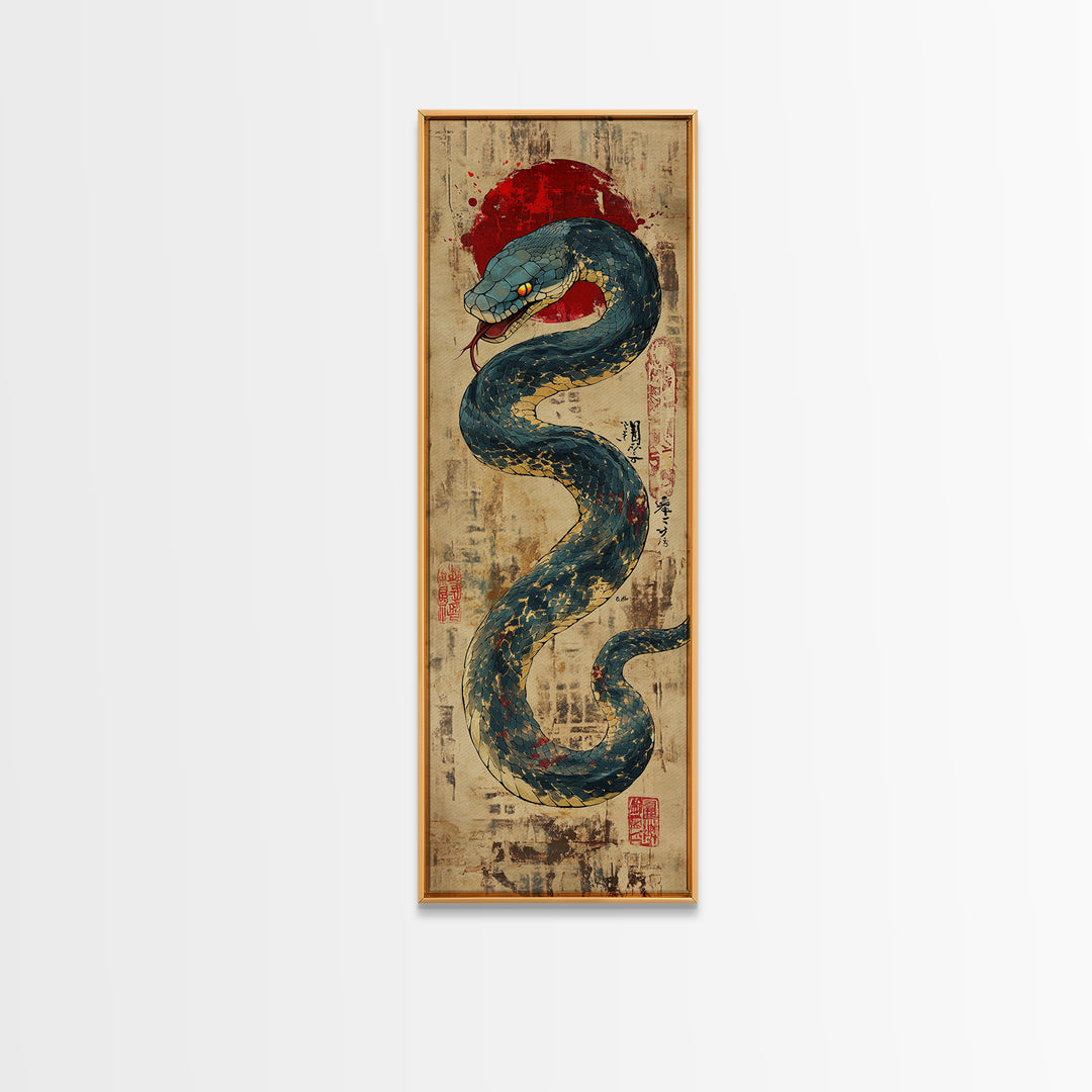 Blue Serpent With Red Sun Wall Art, Japanese Snake Illustration, Ukiyo-E Style Canvas Print, Mystical Asian Wall Decor, Office Decor