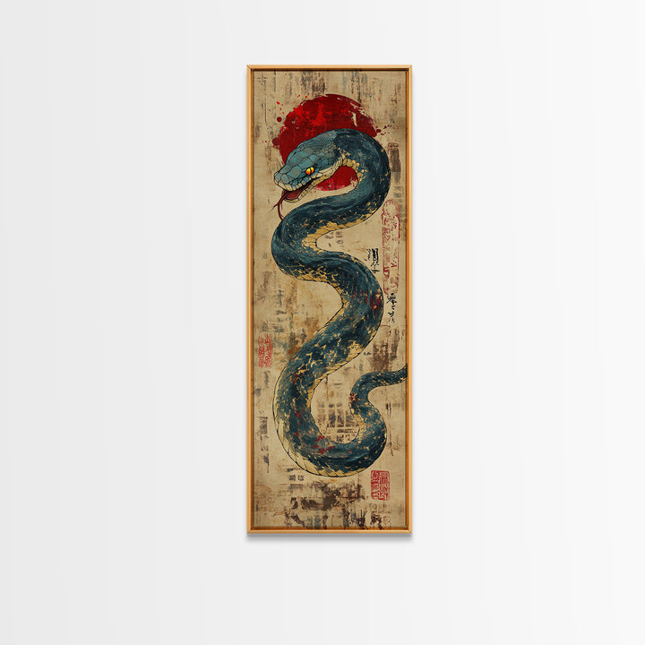 Blue Serpent With Red Sun Wall Art, Japanese Snake Illustration, Ukiyo-E Style Canvas Print, Mystical Asian Wall Decor, Office Decor