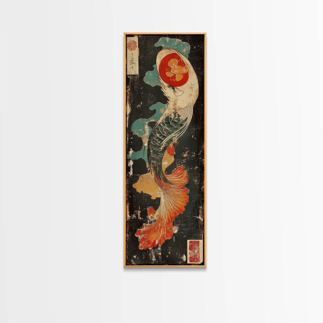 Graceful Koi Fish In Waves Wall Art, Japanese Canvas Print, Asian Inspired Decor, Coastal Bathroom Art, Zen Living Room Decor