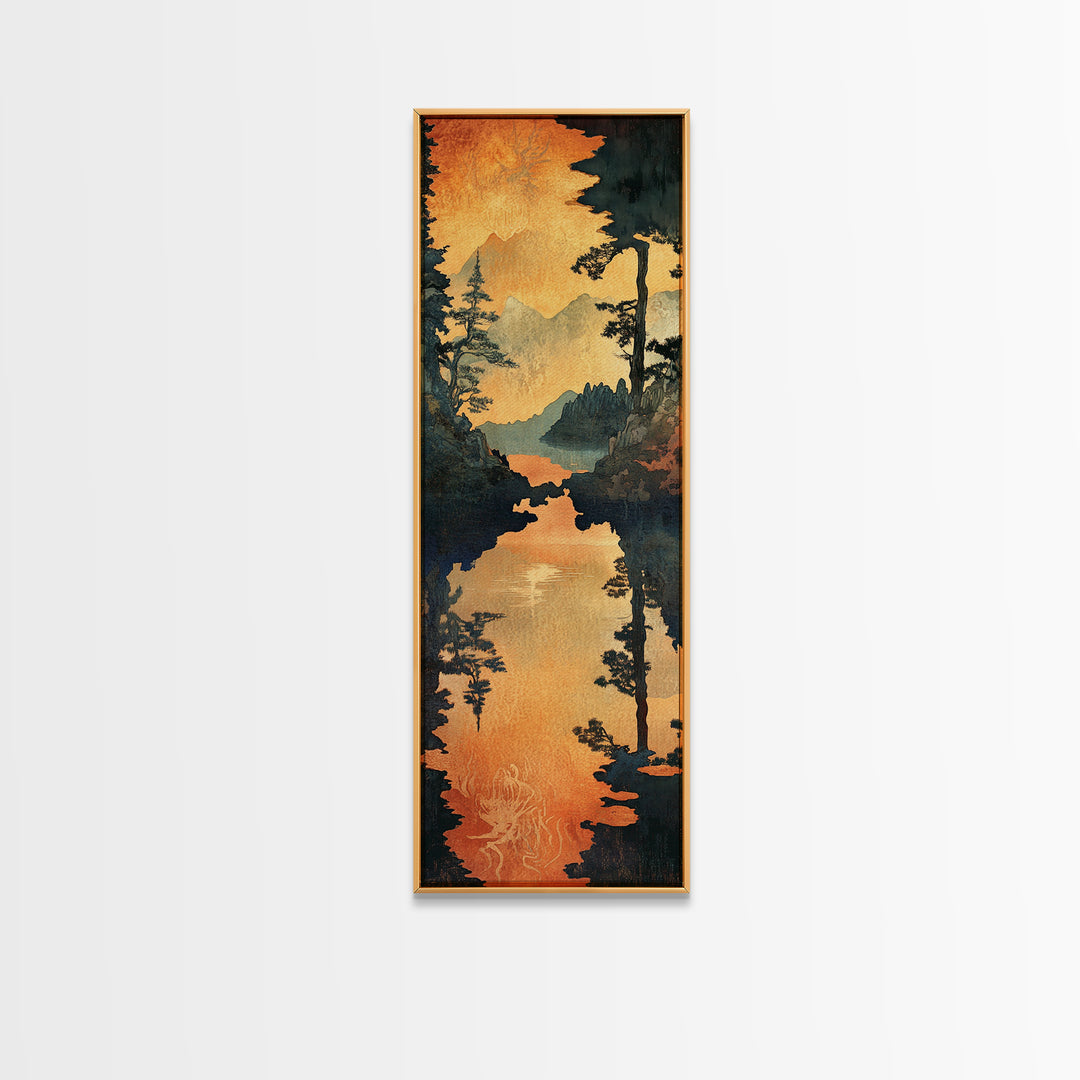 Golden Mountain Lake Sunset Wall Art, Pine Forest Landscape Canvas Print, Rustic Cabin Decor, Framed Canvas Print For Living Room