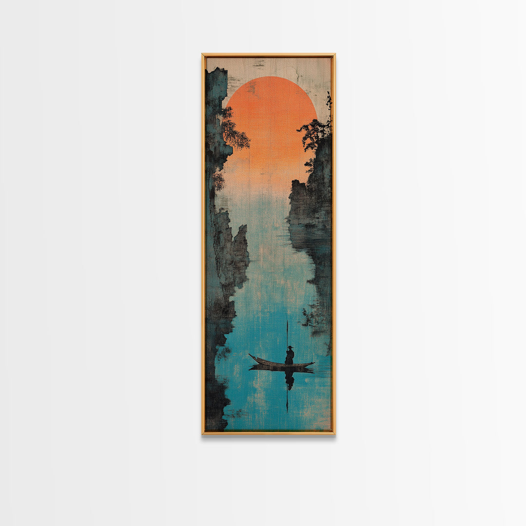 Misty River Canyon With Orange Sun Wall Art, Asian Landscape Canvas Print, Serene Fisherman Boat Framed Canvas Print Wall Decor