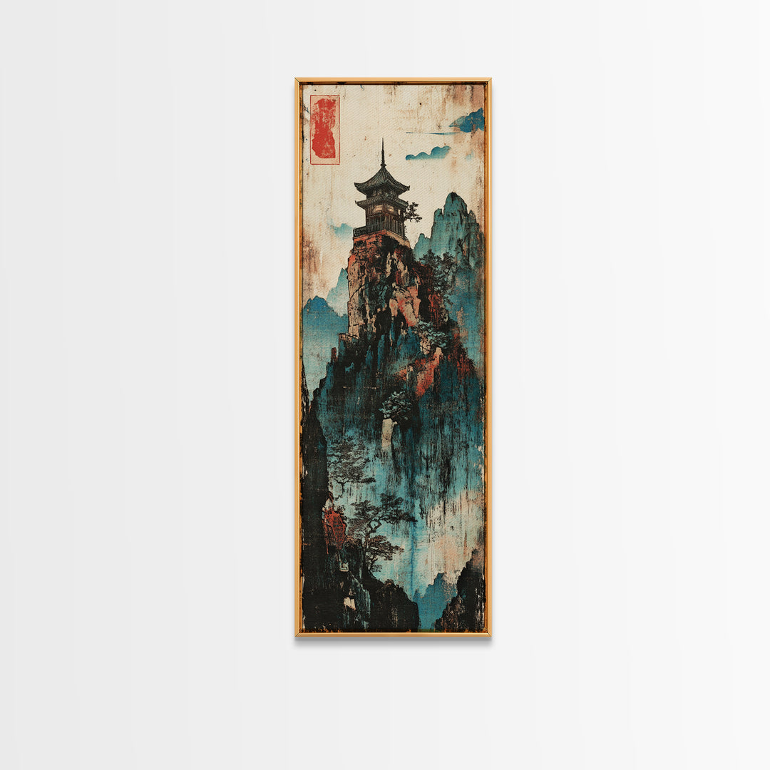 Pagoda Temple On Misty Mountain Wall Art, Asian Landscape Canvas Print, Japanese Zen Decor, Framed Canvas Print For Living Room Decor