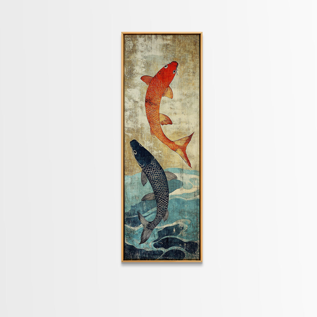 Orange And Black Koi Fish Wall Art, Japanese Koi Canvas Print, Coastal Fish Decor, Framed Canvas Print For Bathroom And Spa Decor