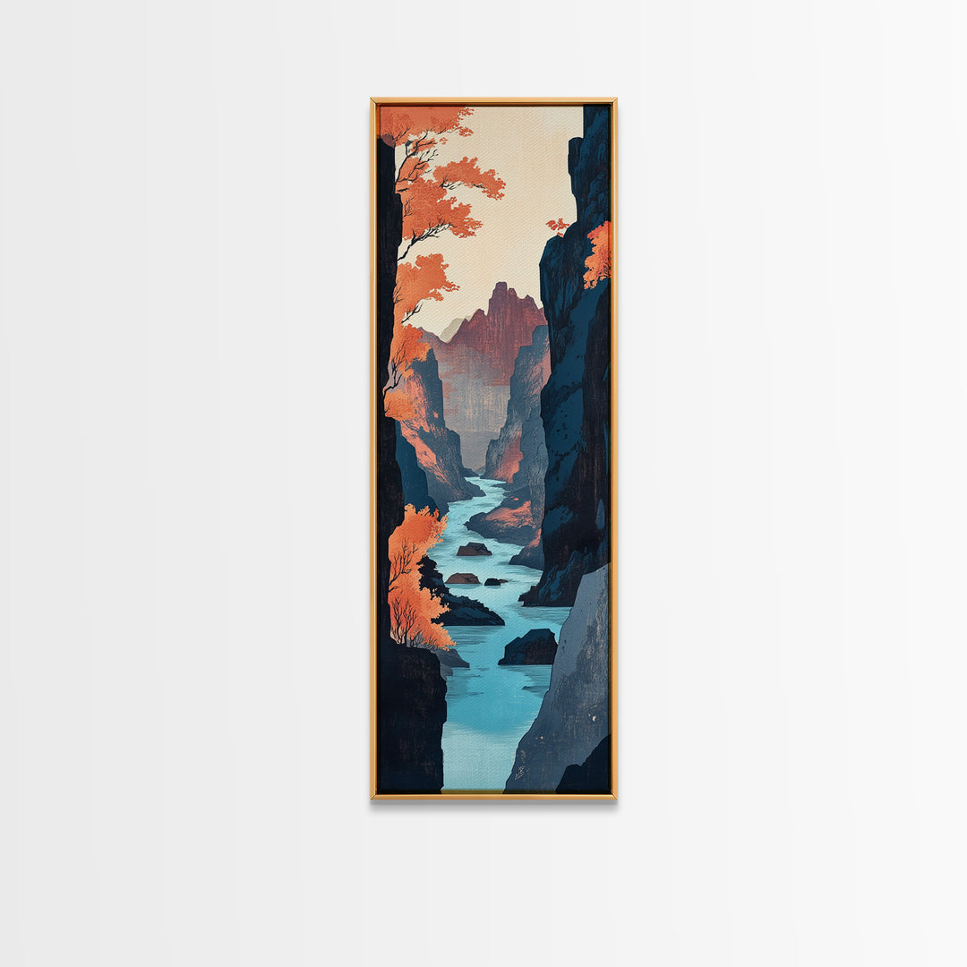 Autumn Canyon River Canvas Print, Japanese Landscape Wall Art, Orange Fall Trees, Moody Mountain Decor, Long Narrow Print