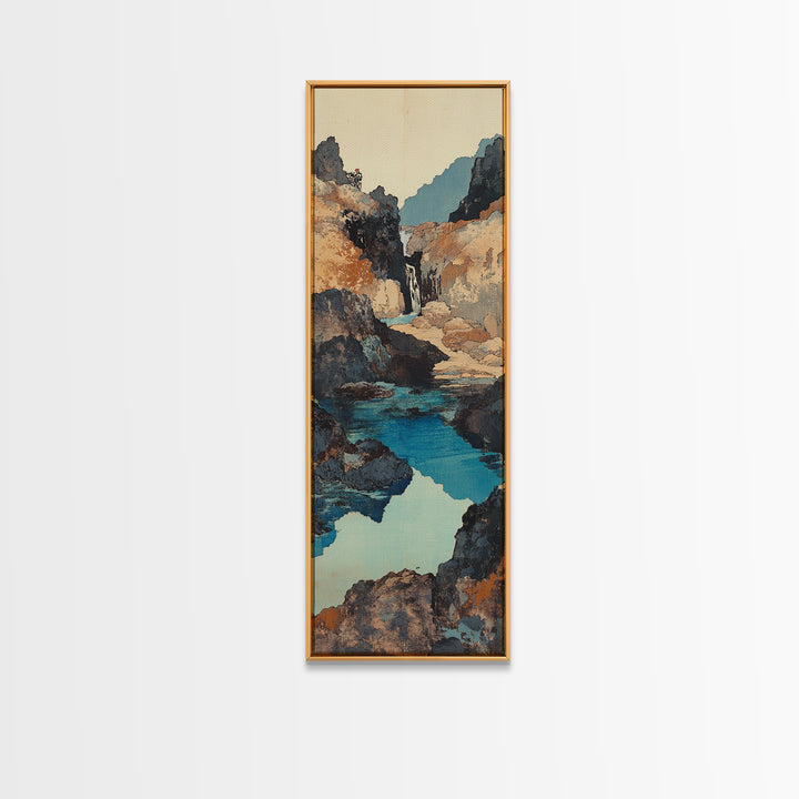 Turquoise Canyon Waterfall Framed Canvas Print, Mountain River Wall Art, Rustic Nature Decor, Japandi Long Narrow Wall Art