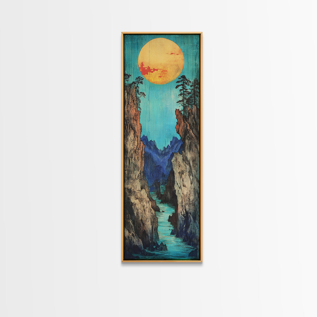 Turquoise Canyon River And Golden Sun Wall Art, Japanese Landscape Print, Japandi Wall Decor, Tall Canvas Art For Entryway