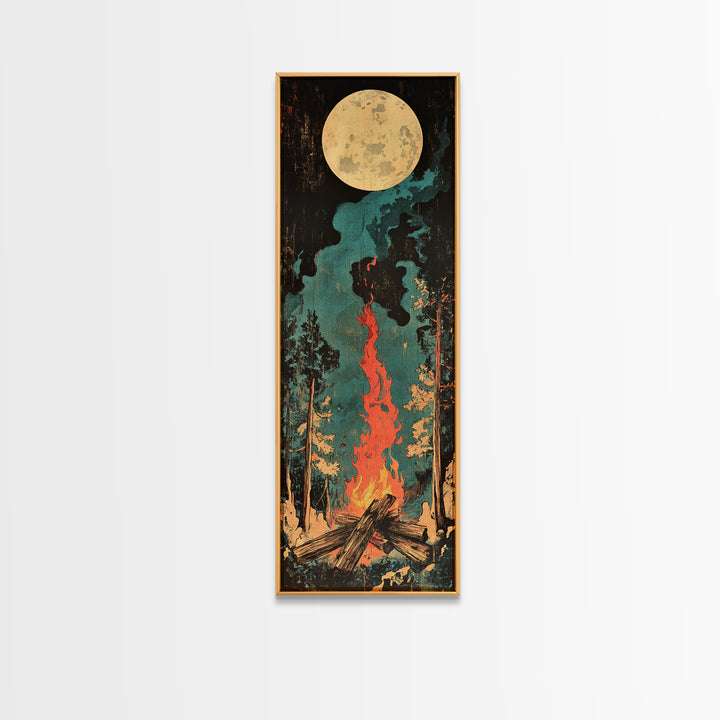 Full Moon Campfire Forest Wall Art, Dark Pine Woodland Canvas, Cozy Cabin Decor, Rustic Nature Print, Lodge Gift For Him