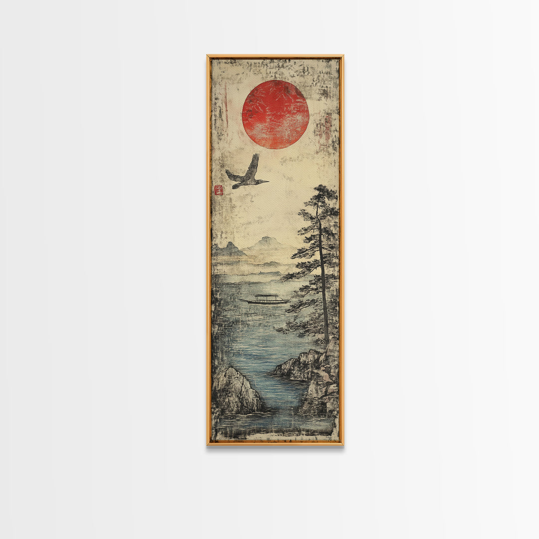 Red Sun Over Misty Coastal Lake Wall Art, Japanese Landscape Print, Crane Bird Scene, Zen Nature Decor For Living Room, Home Decor