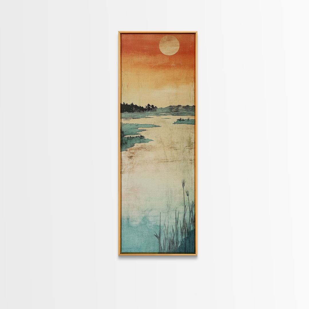 Orange Sunset Marsh Landscape Canvas Print, Minimal Japanese Seascape, Coastal Wall Art, Calm Bedroom Decor, Zen Home Decor