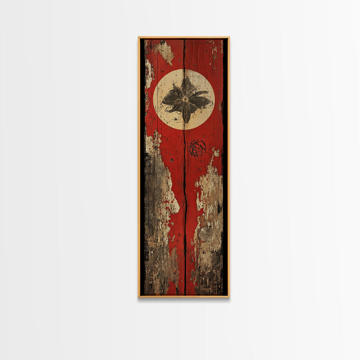 Rustic Red Door With White Sun Wall Art, Weathered Japanese Texture Print, Narrow Vertical Decor, Wabi Sabi Canvas Print