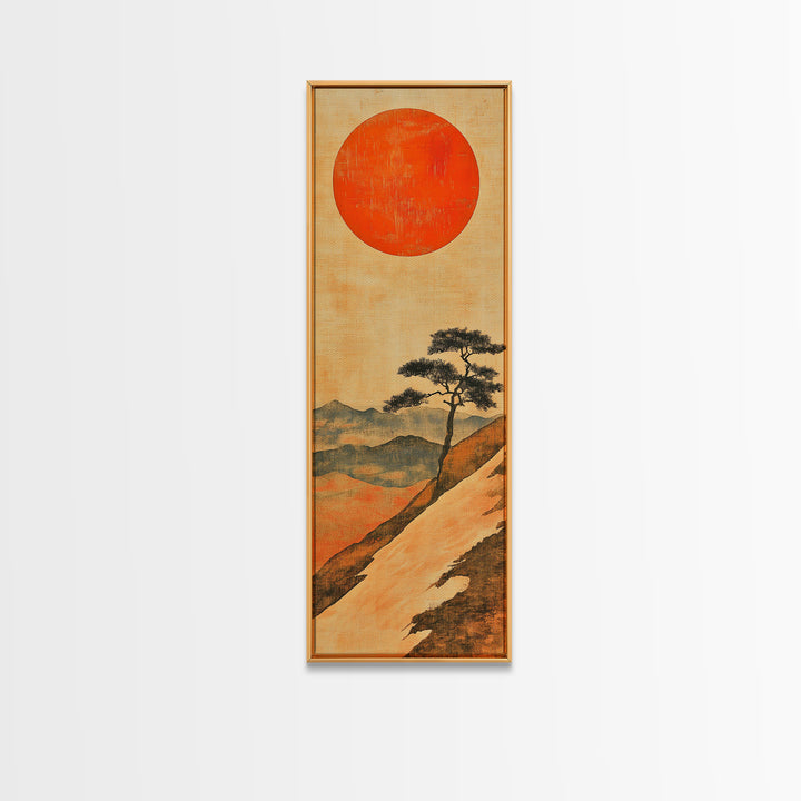 Large Red Sun Over Mountain Ridge Canvas Print, Japanese Landscape Wall Art, Earth Tone Decor, Minimalist Nature Art Print
