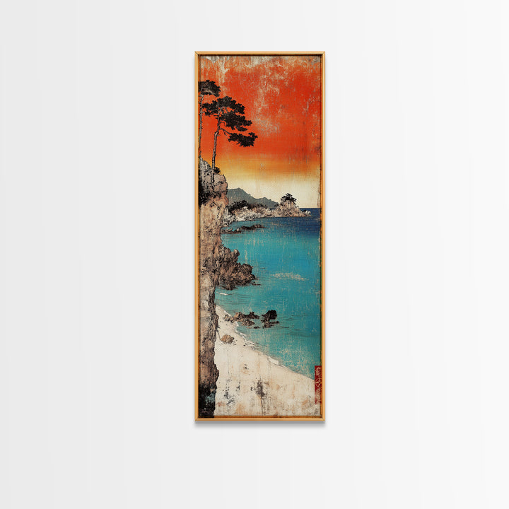 Turquoise Cove And Cliffside Sunset Large Canvas Print, Japanese Coastal Wall Art, Beach House Decor, Vibrant Ocean Art Print