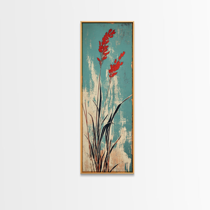 Red Coastal Grass Stems On Aqua Canvas Print, Japanese Botanical Wall Art, Minimalist Nature Decor, Modern Japandi Art Print