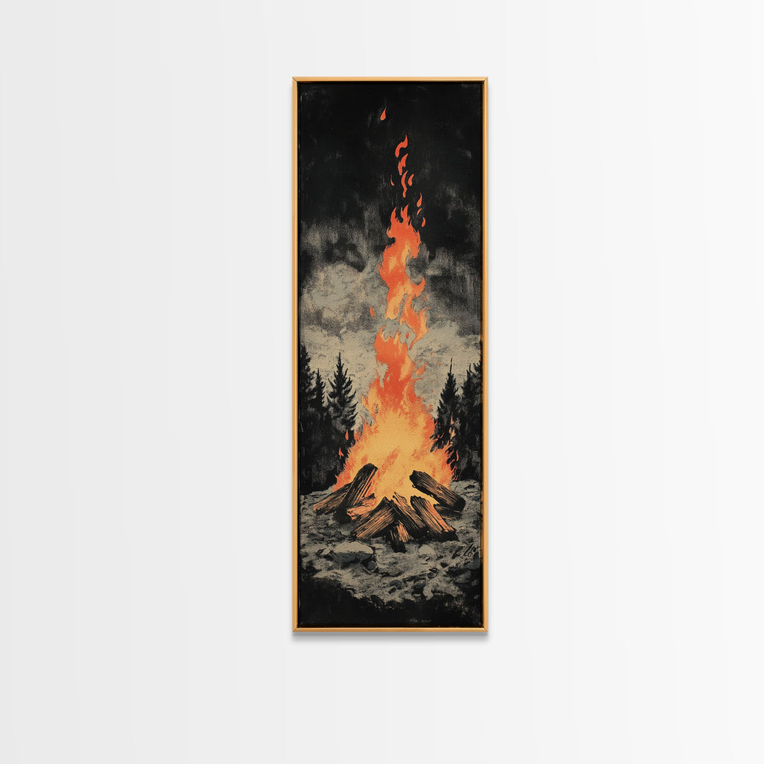Glowing Campfire In Dark Pine Forest Framed Canvas Print, Rustic Cabin Wall Art, Cozy Lodge Decor, Moody Nature Art Print