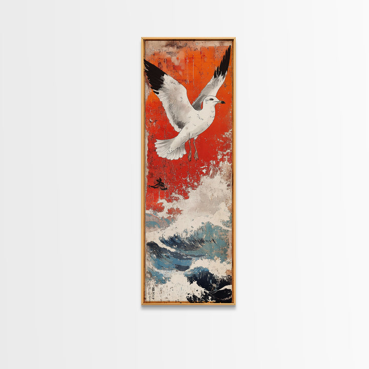 White Seagull Flying Over Ocean Waves Large Wall Art, Japanese Coastal Print, Nautical Beach House Decor, Seascape Art Print
